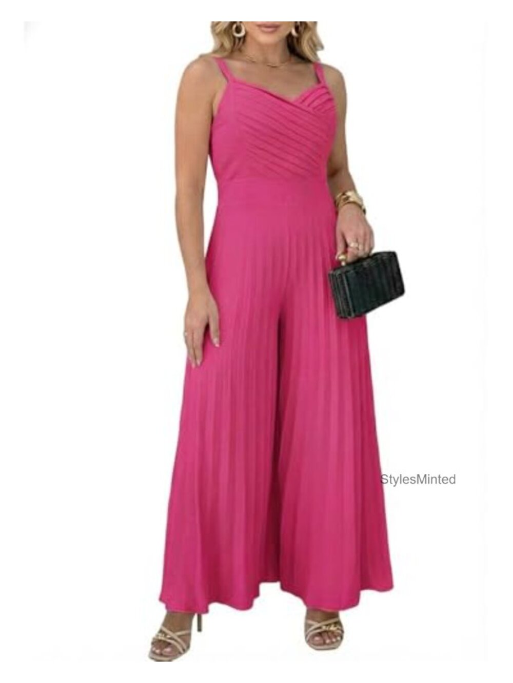 CHICME Women's Pleated Wide Leg Spaghetti Strap Jumpsuit Sleeveless